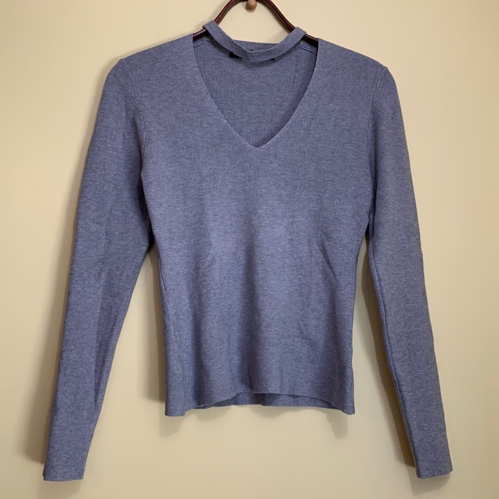 Olivaceous Gray Long Sleeve Light Ribbed Tight Knit Soft V-Neck Choker Sweater S